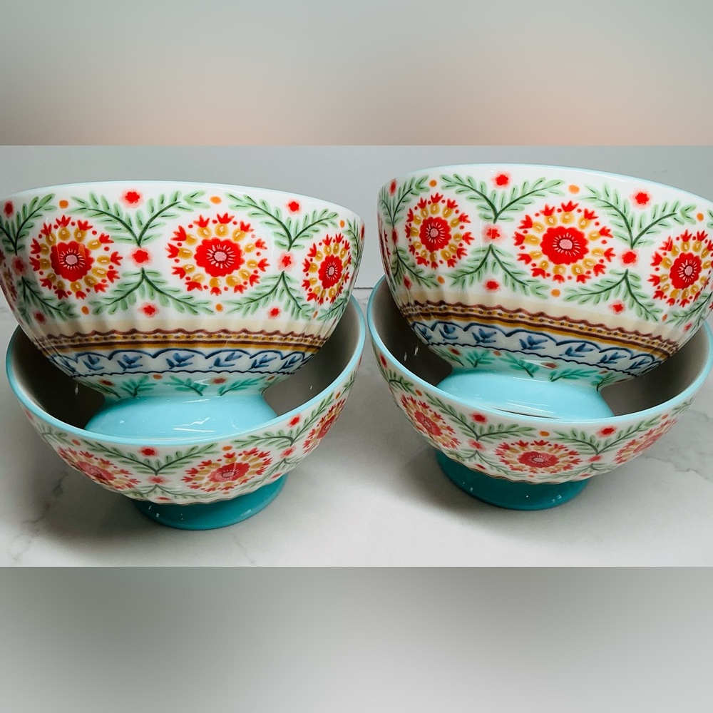 4 Footed Cereal Bowls POTTERS STUDIO Fine Ceramic Colorful Flowers Design New